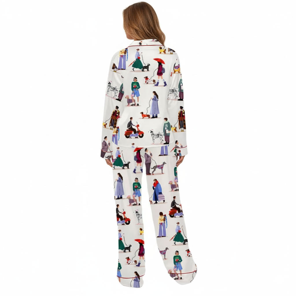 Dog Walker Print Long Sleeve Pajama Set For Kids