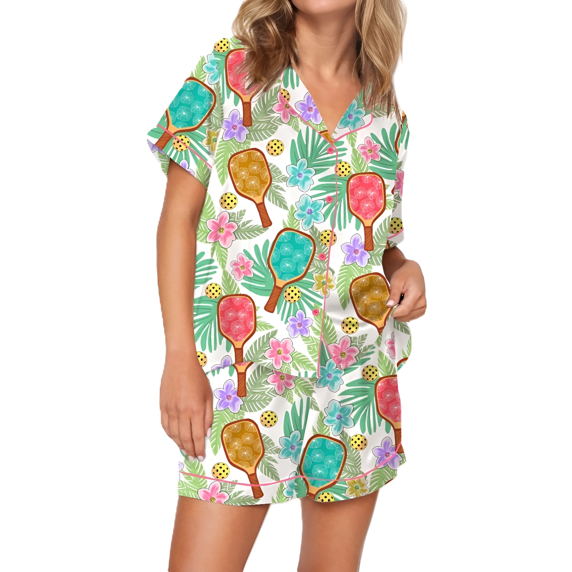 Tropical Pickleball Pajama Set With Short Sleeves And Matching Pants