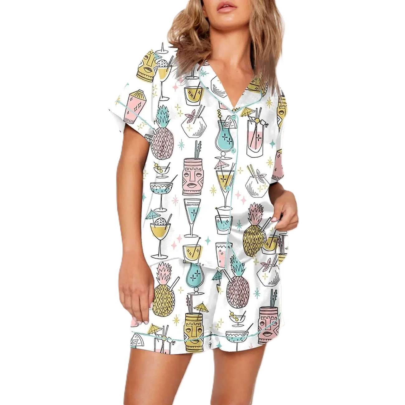 Tropical Drinks Print Pajama Set With Hawaiian Vibes