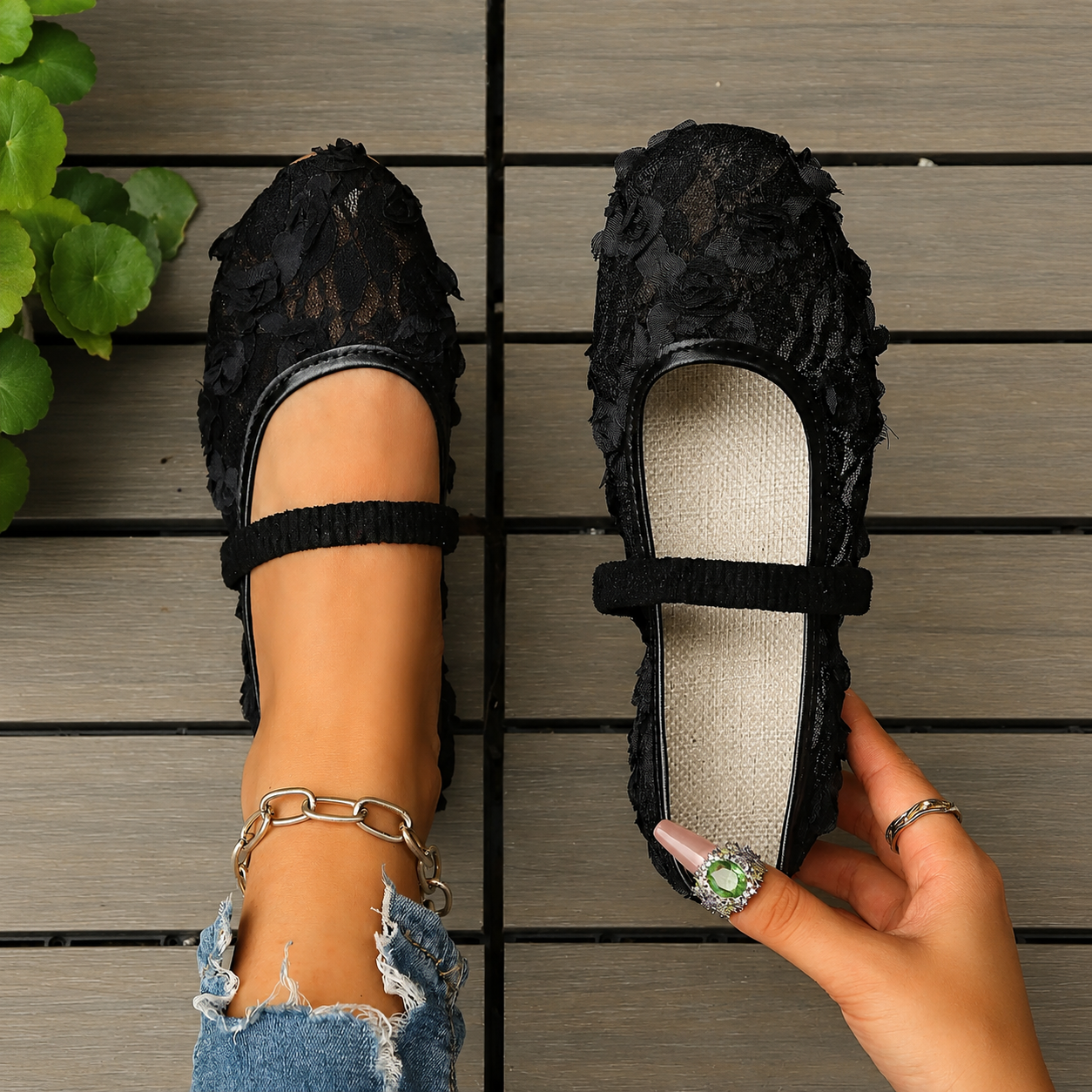 Casual Floral Embroidered Knit Mary Jane Flats Shoes For Women