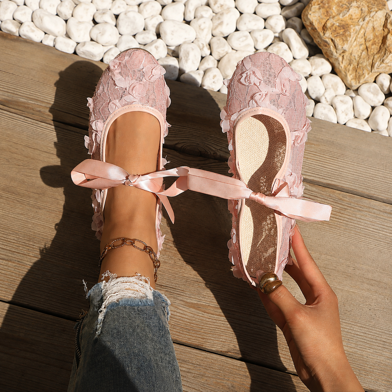 Casual Floral Embroidered Knit Mary Jane Flats Shoes For Women