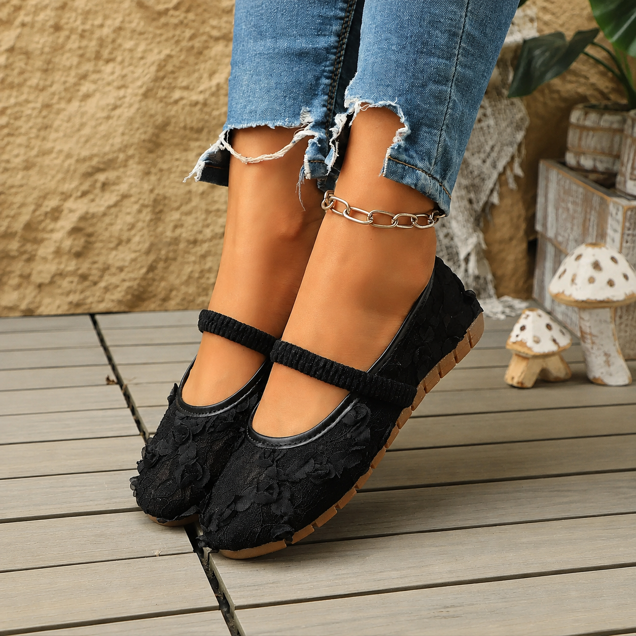 Casual Floral Embroidered Knit Mary Jane Flats Shoes For Women