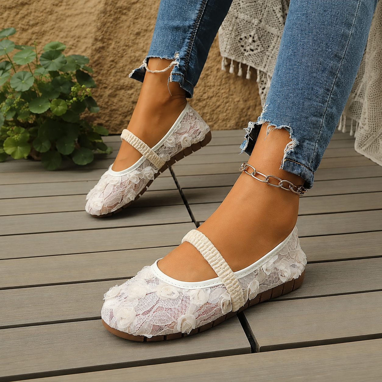Casual Floral Embroidered Knit Mary Jane Flats Shoes For Women