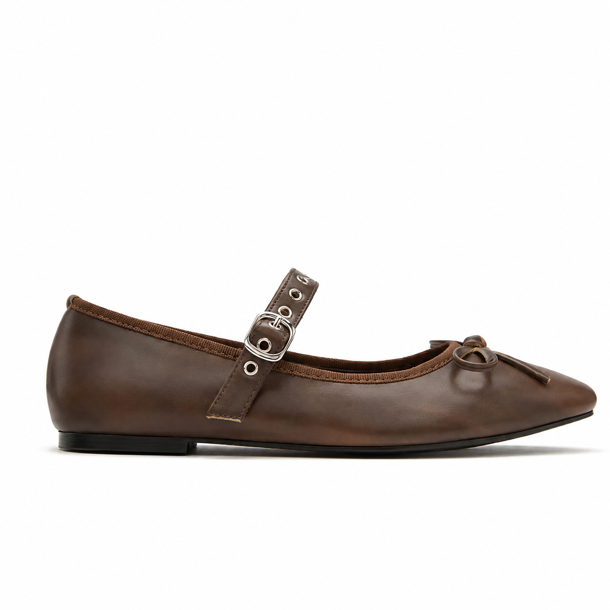 Bow Detail Buckle Mary Jane Flats with Square Front for Women