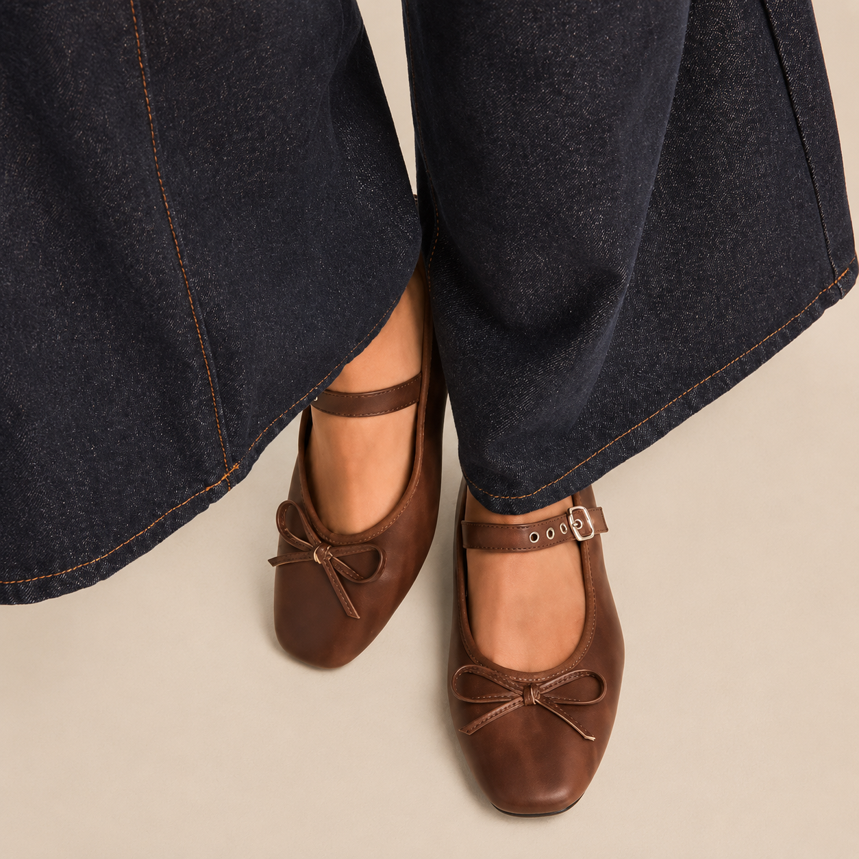 Bow Detail Buckle Mary Jane Flats with Square Front for Women
