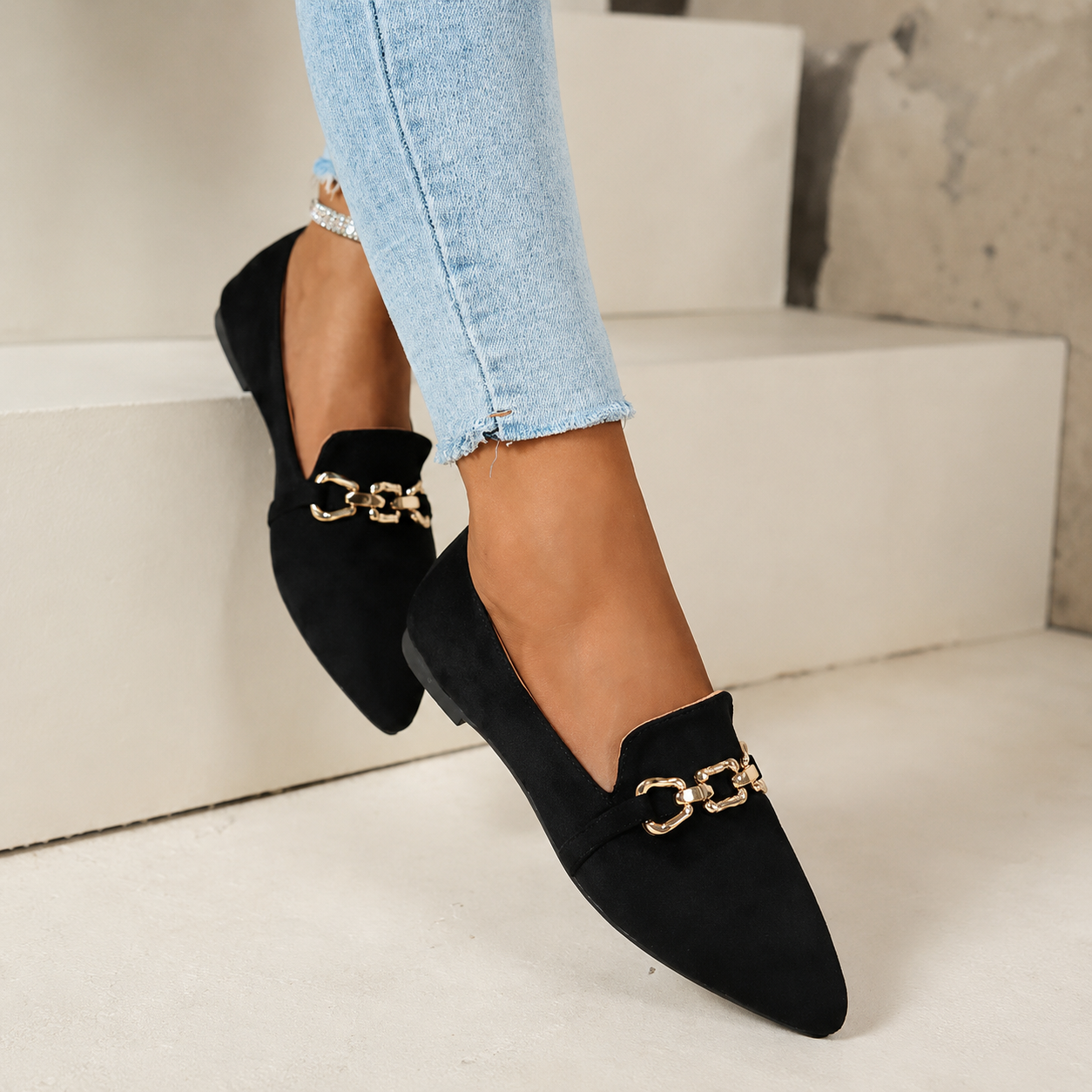 Pointed Front Flats with Chain Detail and Non Slip Sole for Women