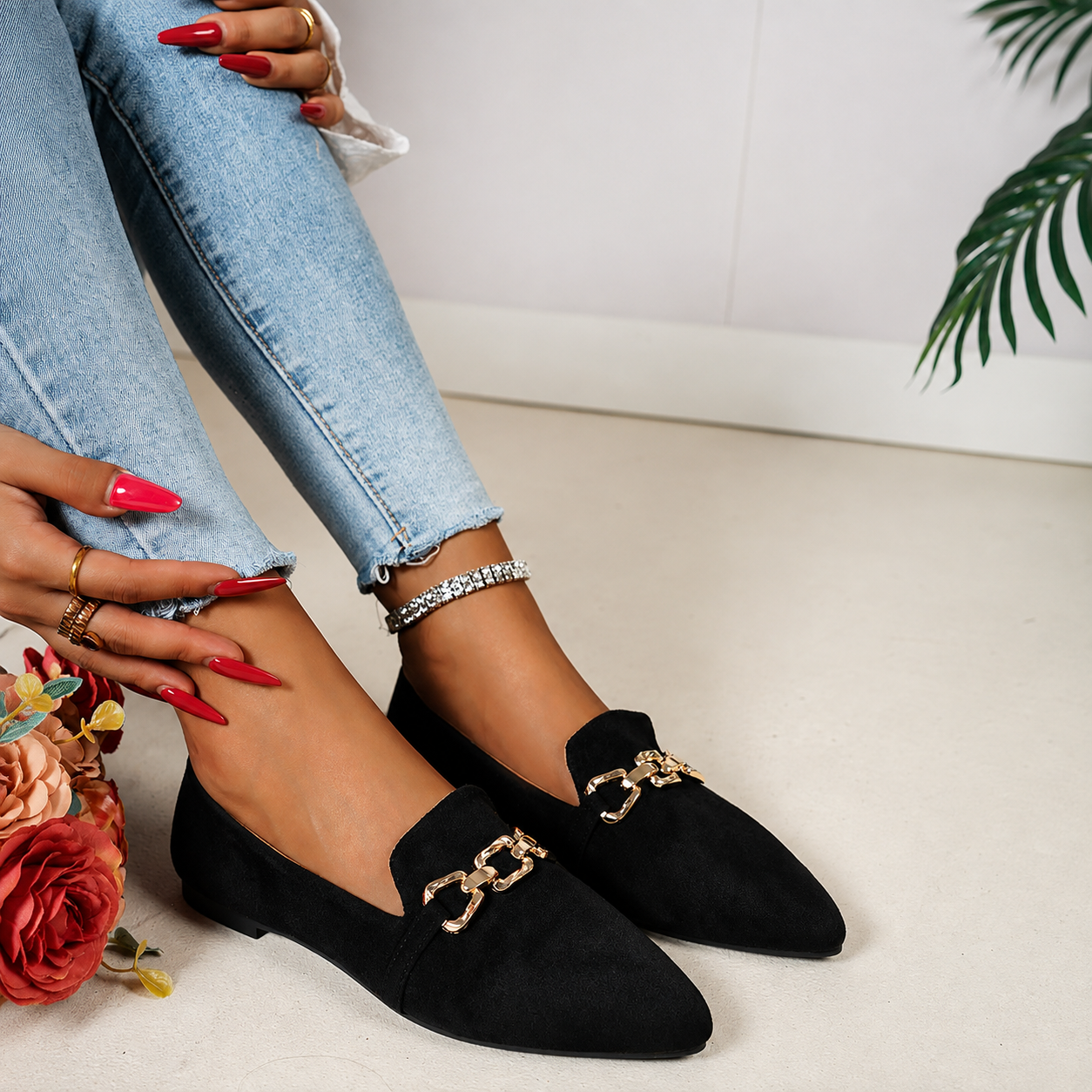 Pointed Front Flats with Chain Detail and Non Slip Sole for Women