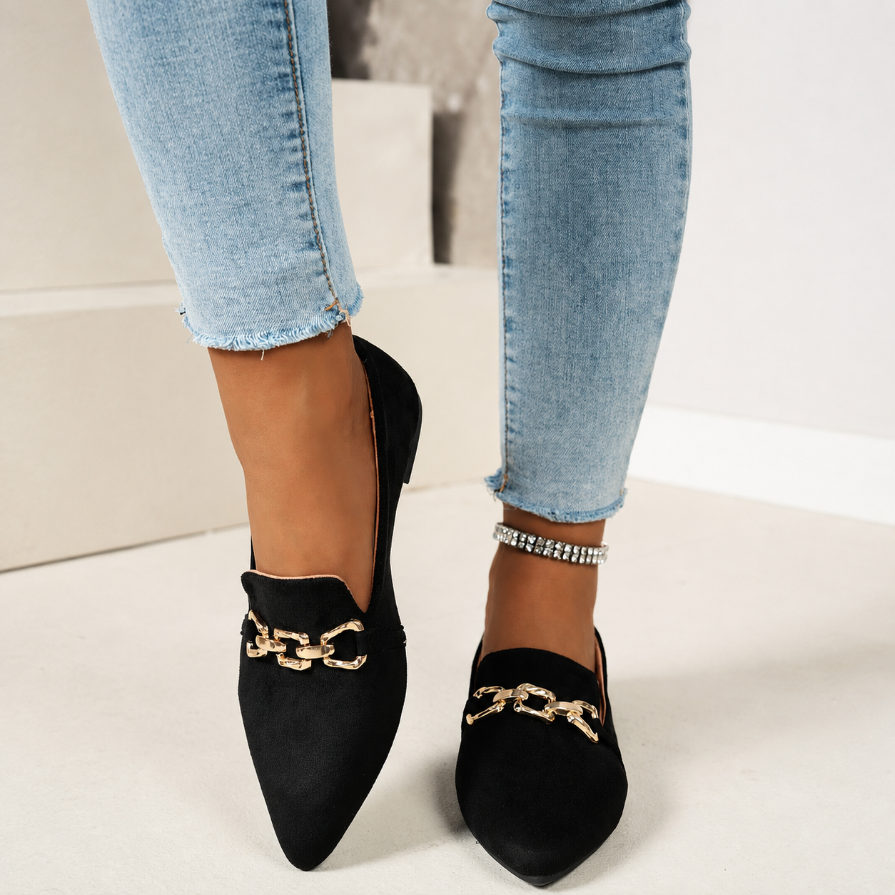 Pointed Front Flats with Chain Detail and Non Slip Sole for Women