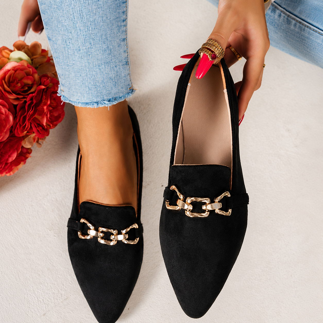 Pointed Front Flats with Chain Detail and Non Slip Sole for Women