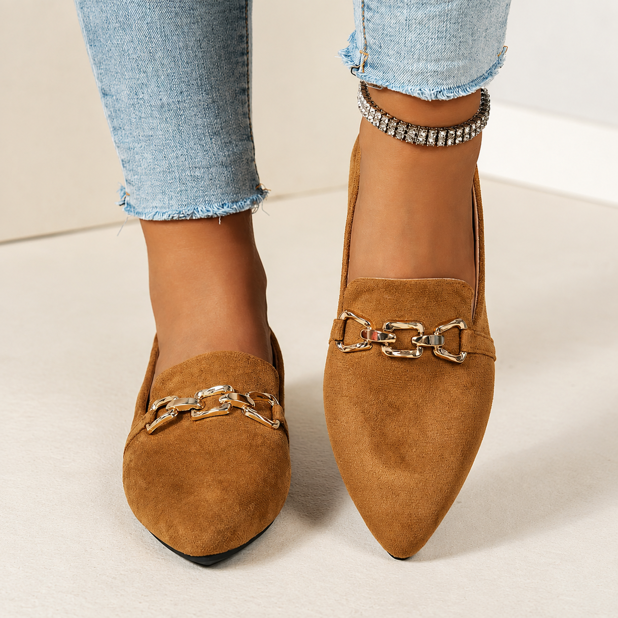 Pointed Front Flats with Chain Detail and Non Slip Sole for Women