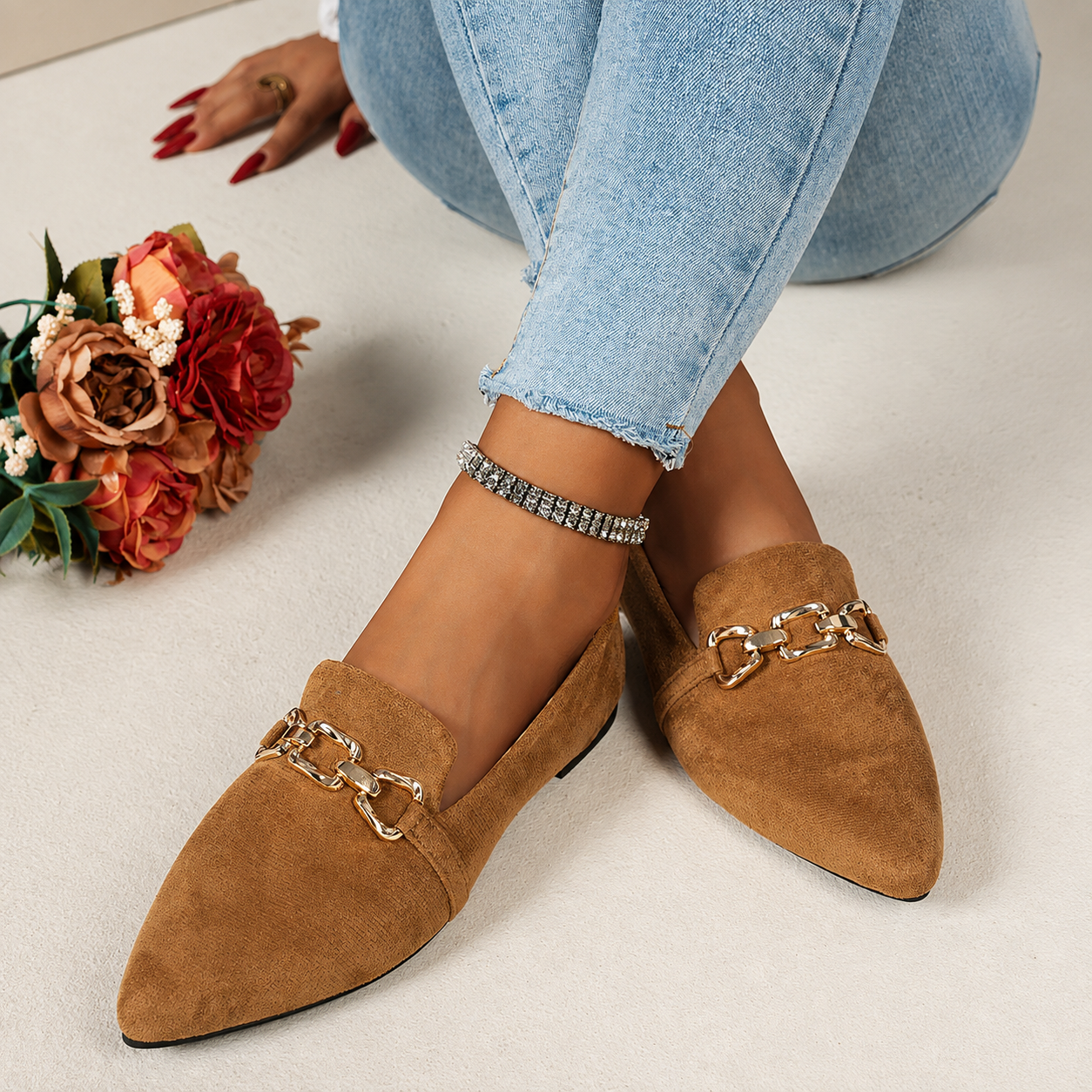 Pointed Front Flats with Chain Detail and Non Slip Sole for Women