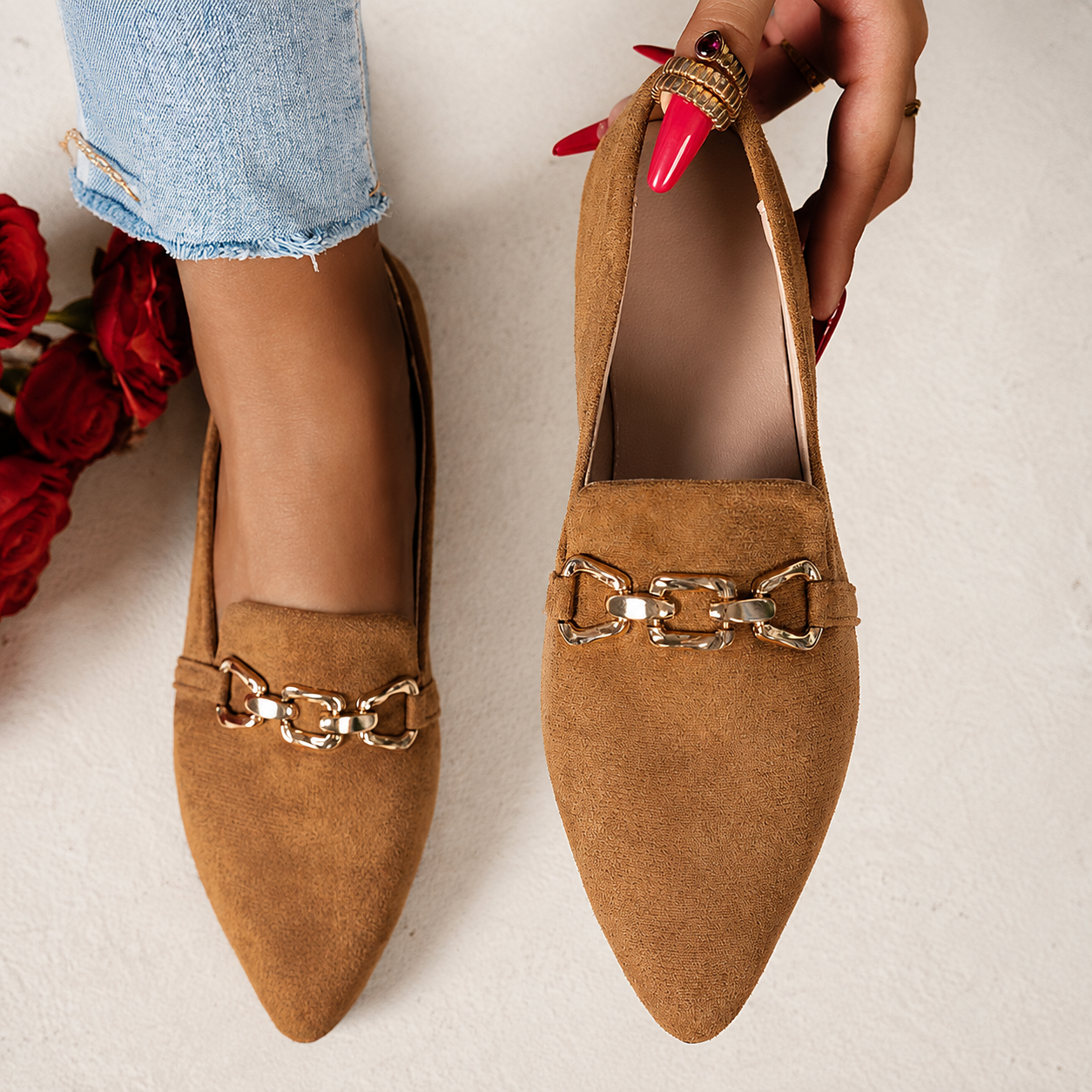 Pointed Front Flats with Chain Detail and Non Slip Sole for Women