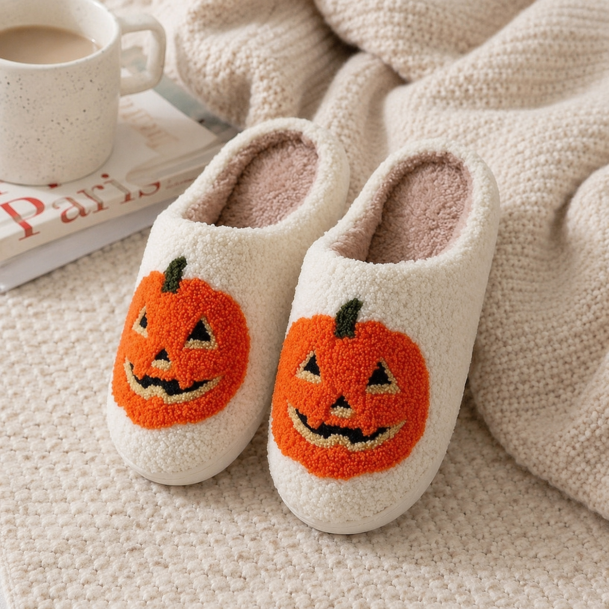 Halloween Themed Non Slip Warm Fuzzy Fleece Plaid Design Slippers