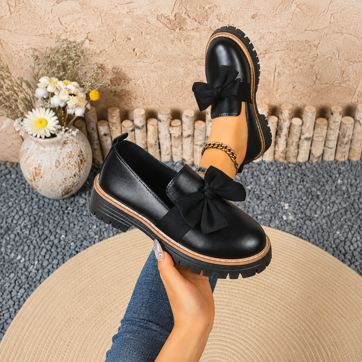 Bow Detail Loafers with Thick Sole for Casual All Season Wear for Women