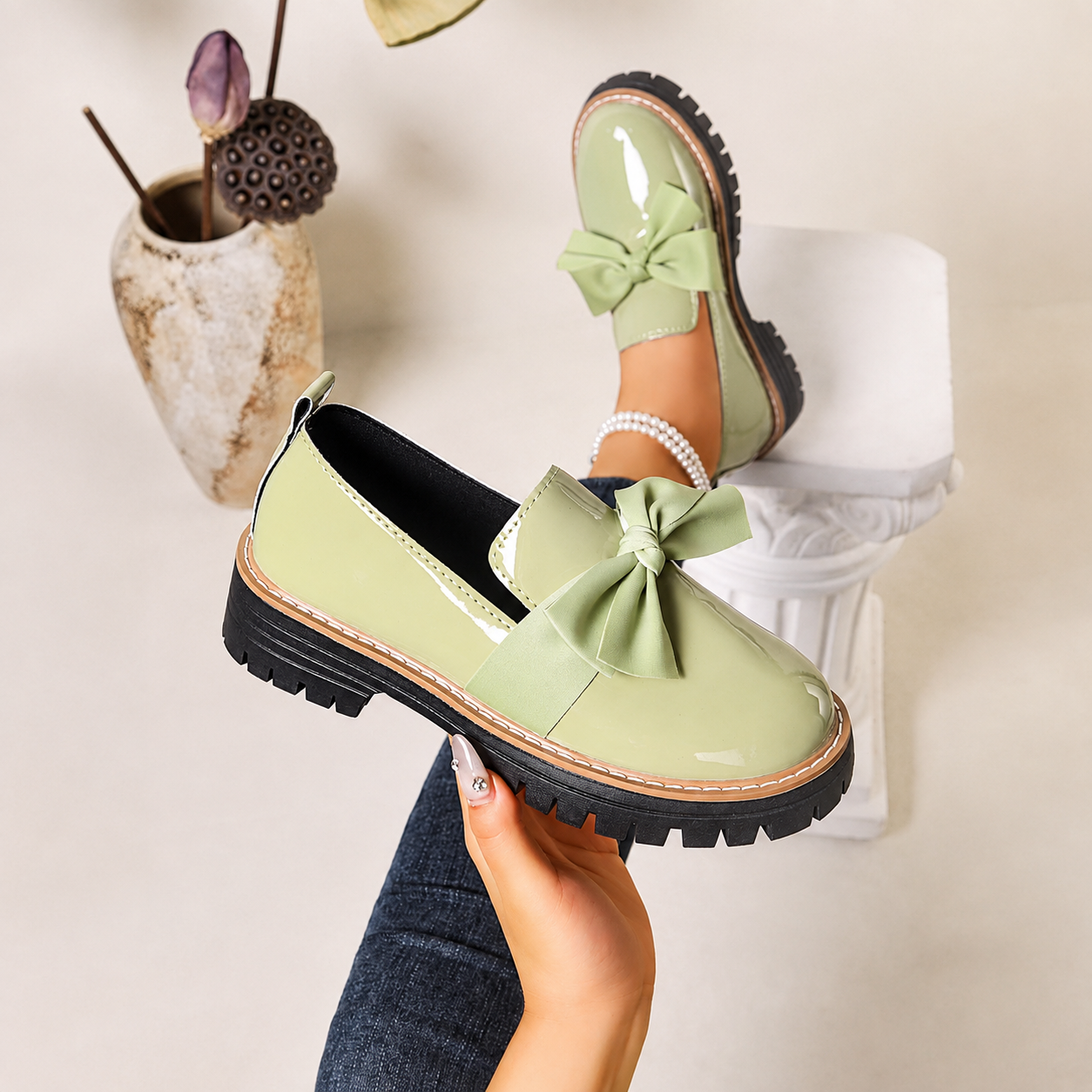 Bow Detail Loafers with Thick Sole for Casual All Season Wear for Women