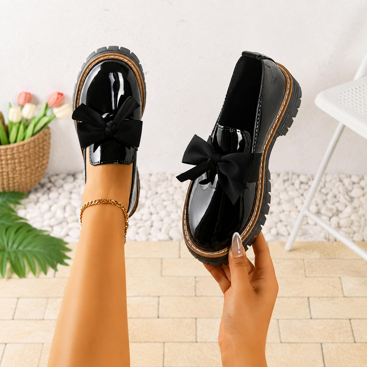 Bow Detail Loafers with Thick Sole for Casual All Season Wear for Women