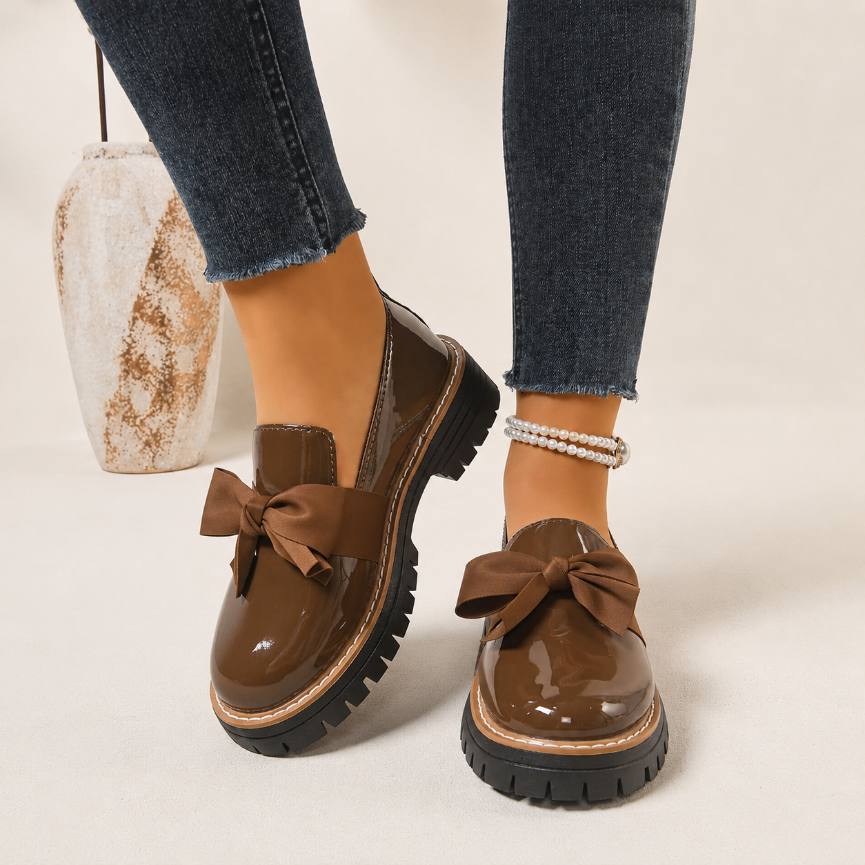 Bow Detail Loafers with Thick Sole for Casual All Season Wear for Women