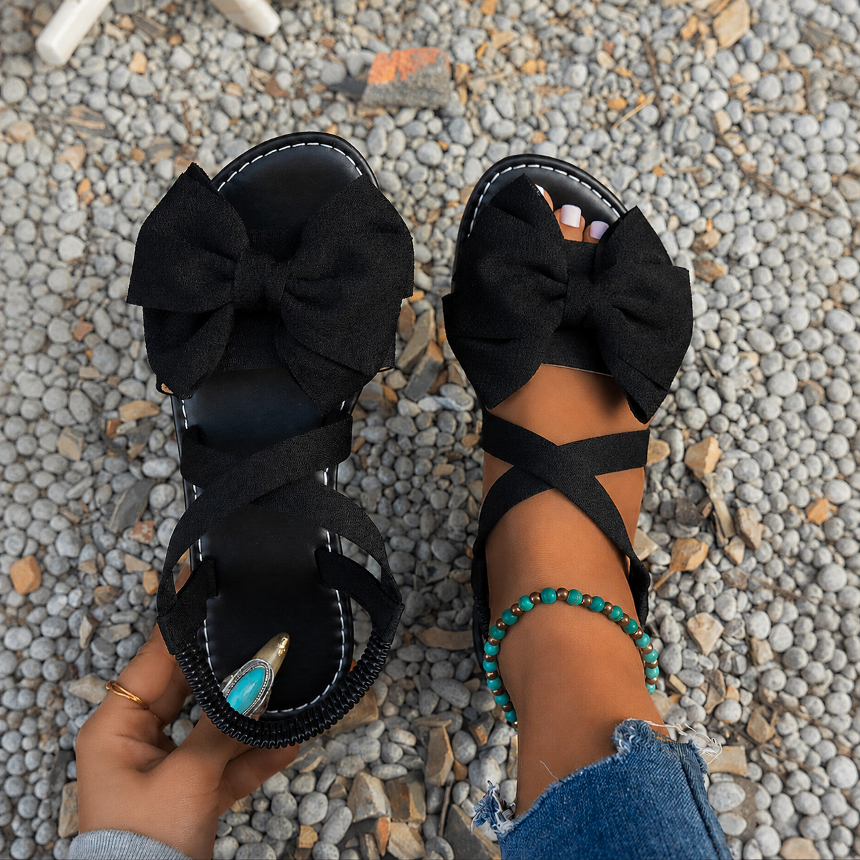 Bow Detail Printed Flat Sandals with Cross Straps for Women