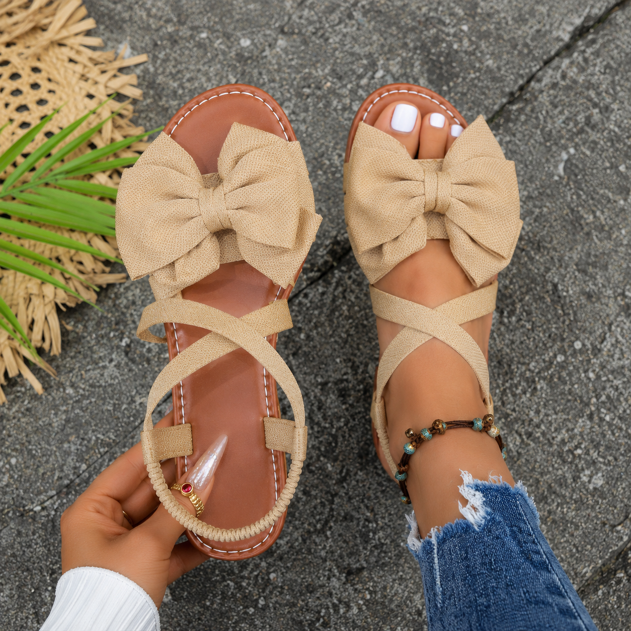 Bow Detail Printed Flat Sandals with Cross Straps for Women