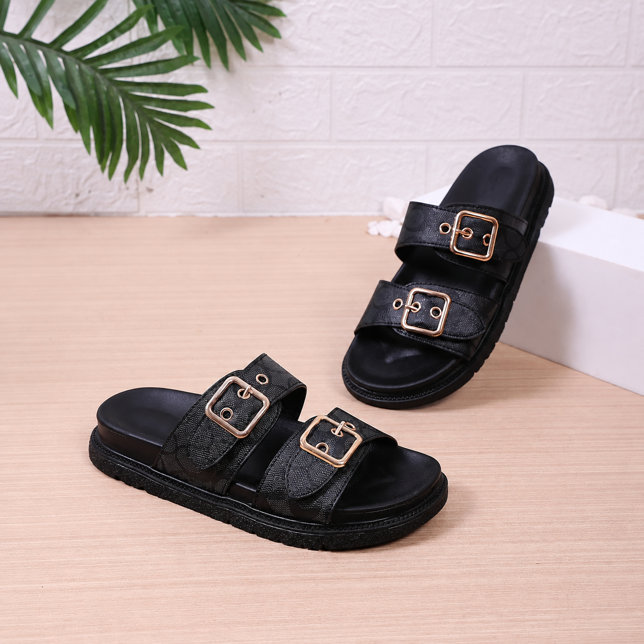 Floral Double Buckle Platform Sandals with Thick Sole for Women