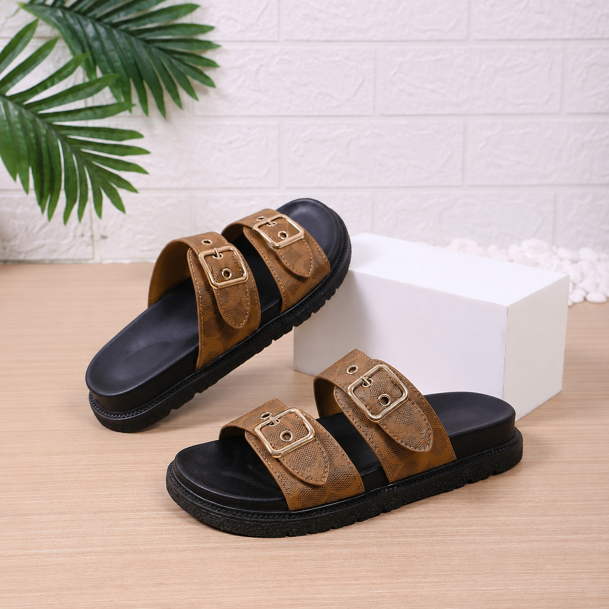 Floral Double Buckle Platform Sandals with Thick Sole for Women