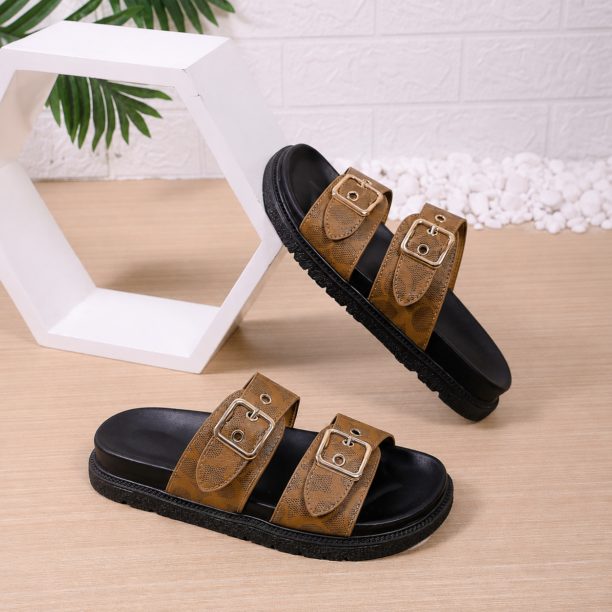 Floral Double Buckle Platform Sandals with Thick Sole for Women
