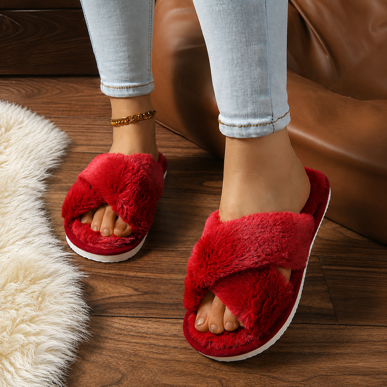 Criss Cross With Fluffy Indoor Comfy Slippers