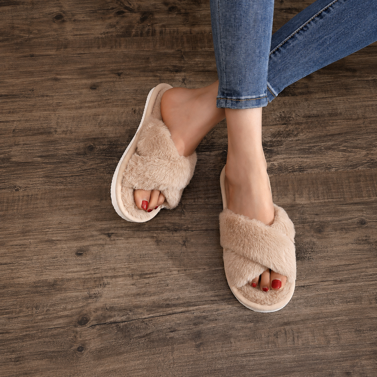 Criss Cross With Fluffy Indoor Comfy Slippers