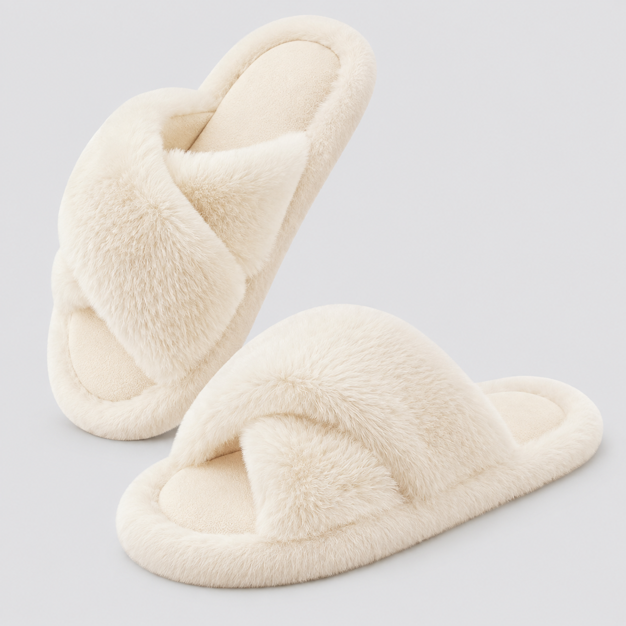 Non Slip Memory Foam Cross Band Faux Fur Slippers For Women