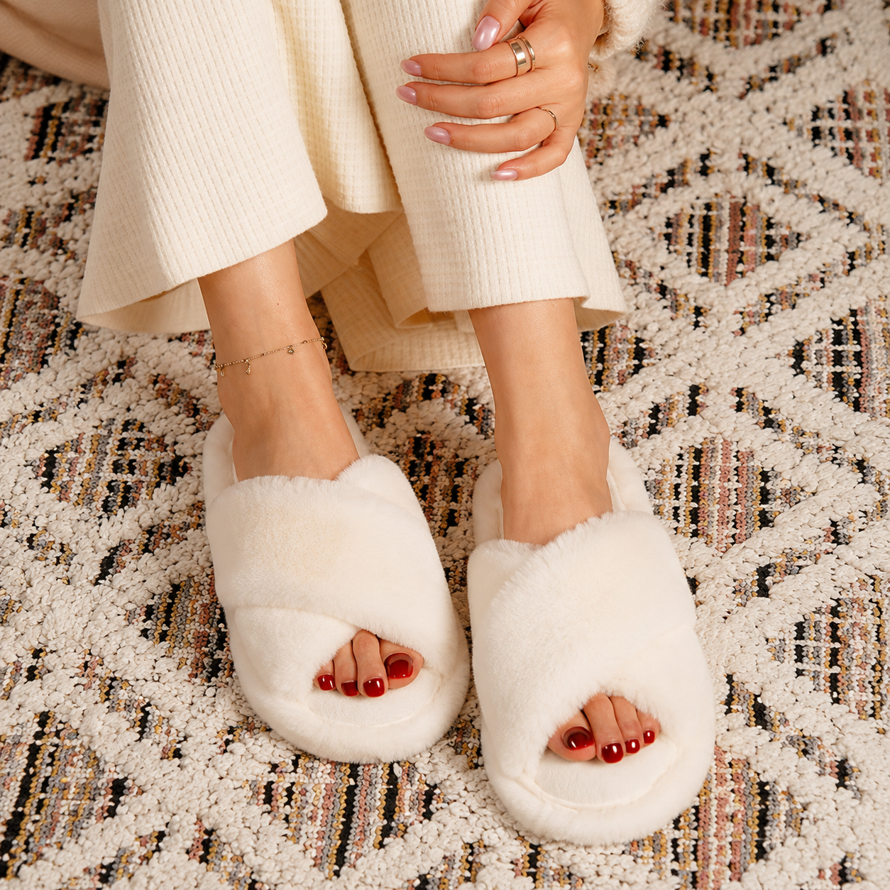 Non Slip Memory Foam Cross Band Faux Fur Slippers For Women