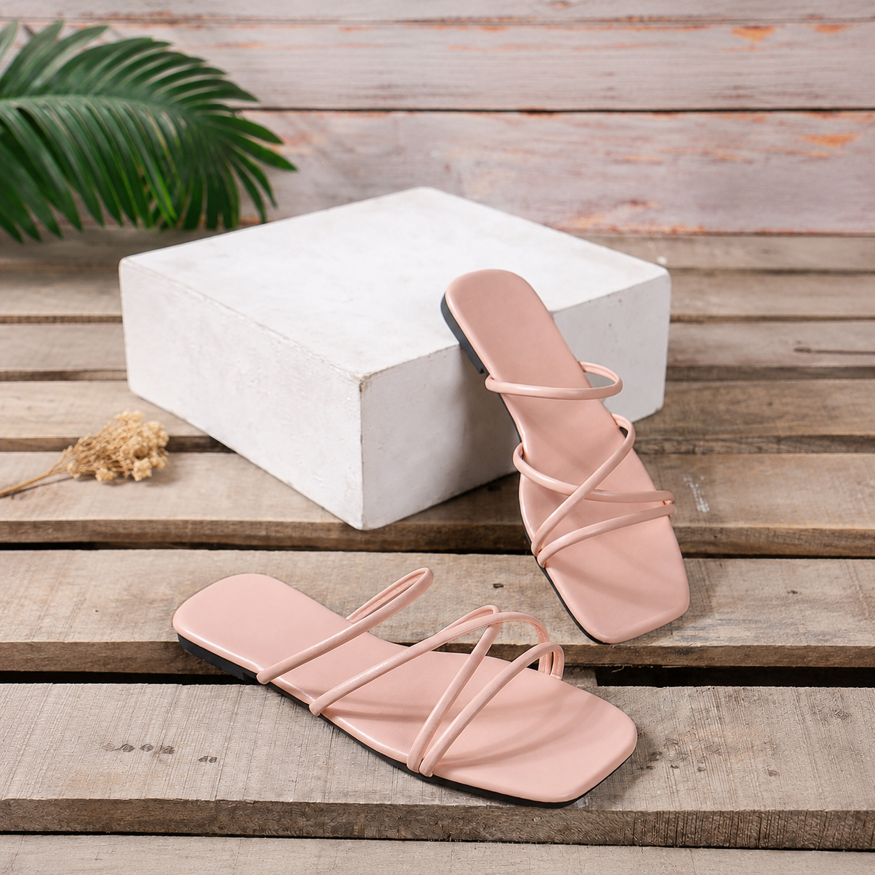 Solid Square Flat Slip On Sandals For Women