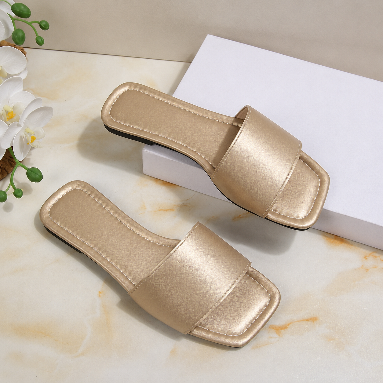 Square Toe Slip On Flat Slide Sandals For Girls