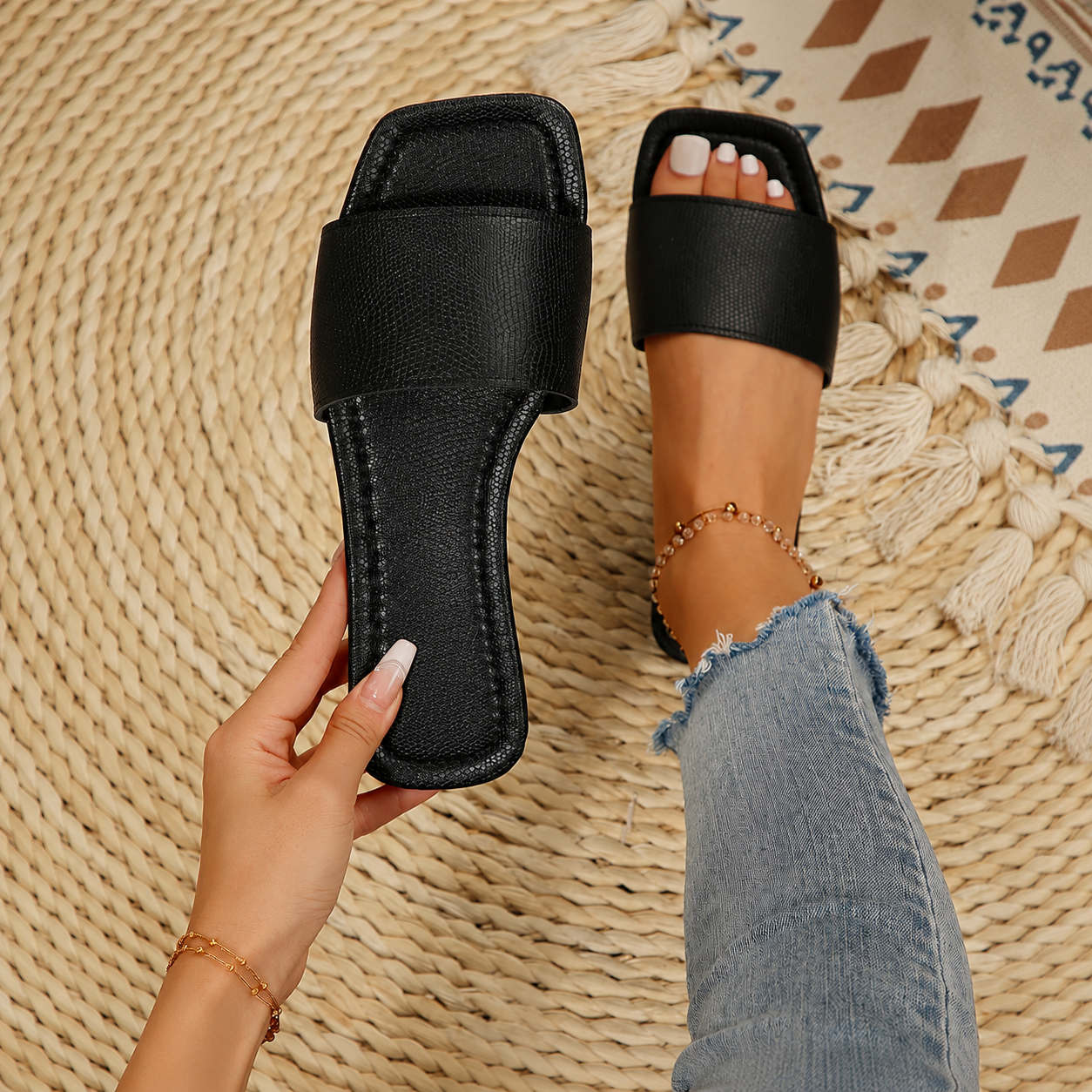 Square Toe Slip On Flat Slide Sandals For Girls