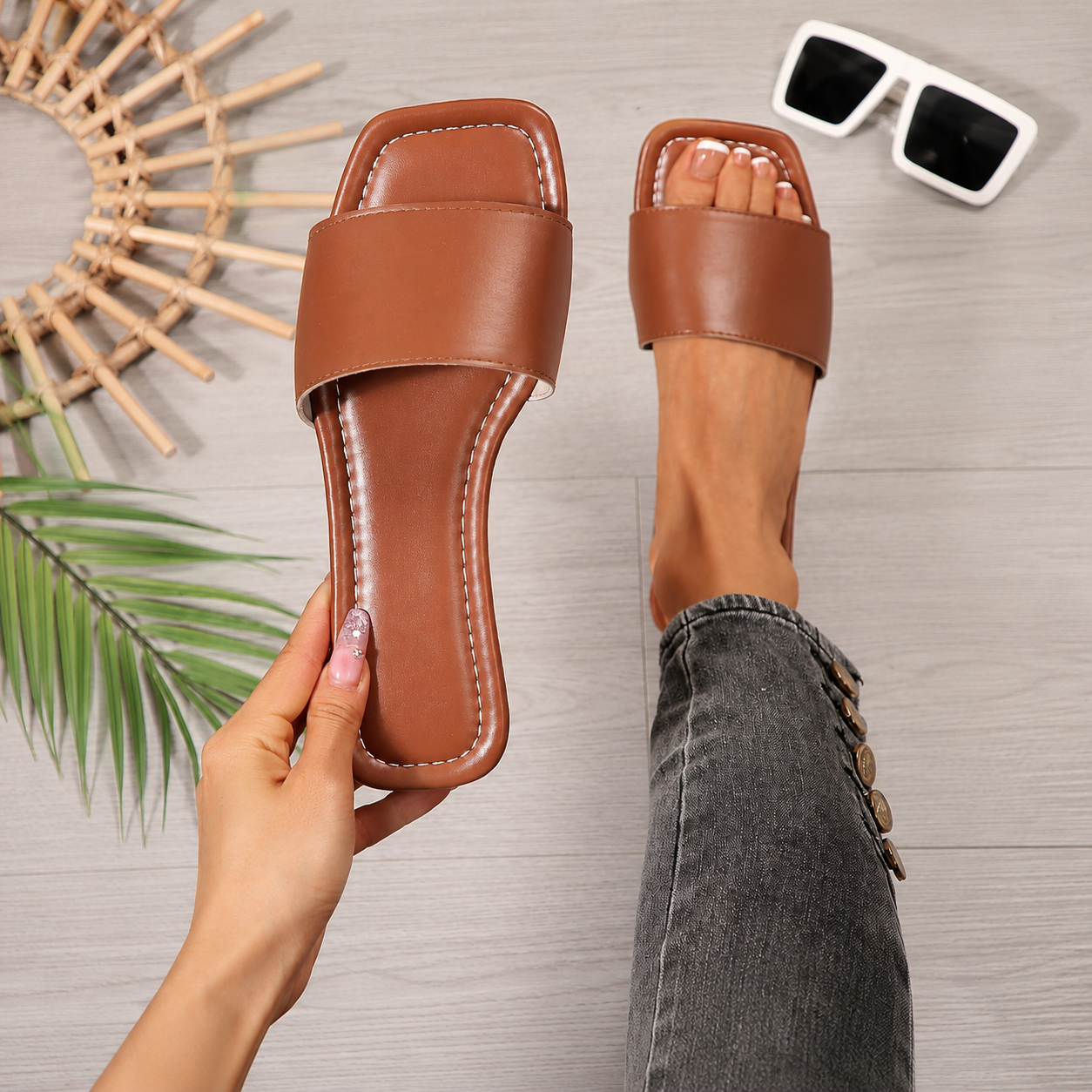 Square Toe Slip On Flat Slide Sandals For Girls