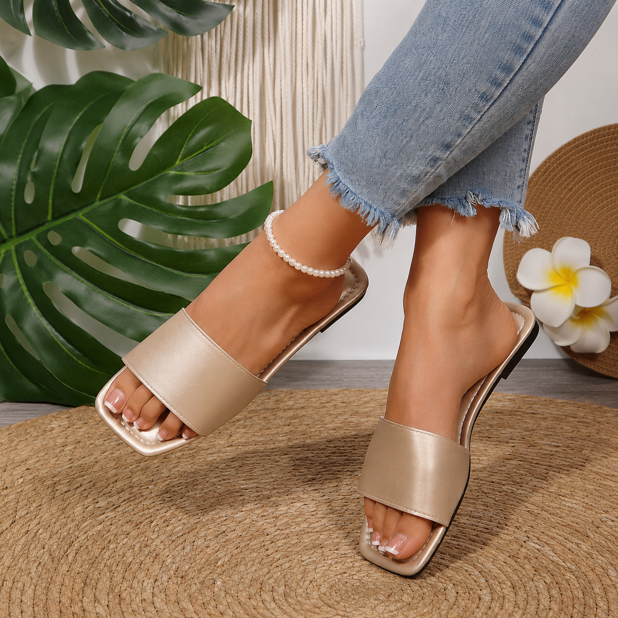 Square Toe Slip On Flat Slide Sandals For Girls