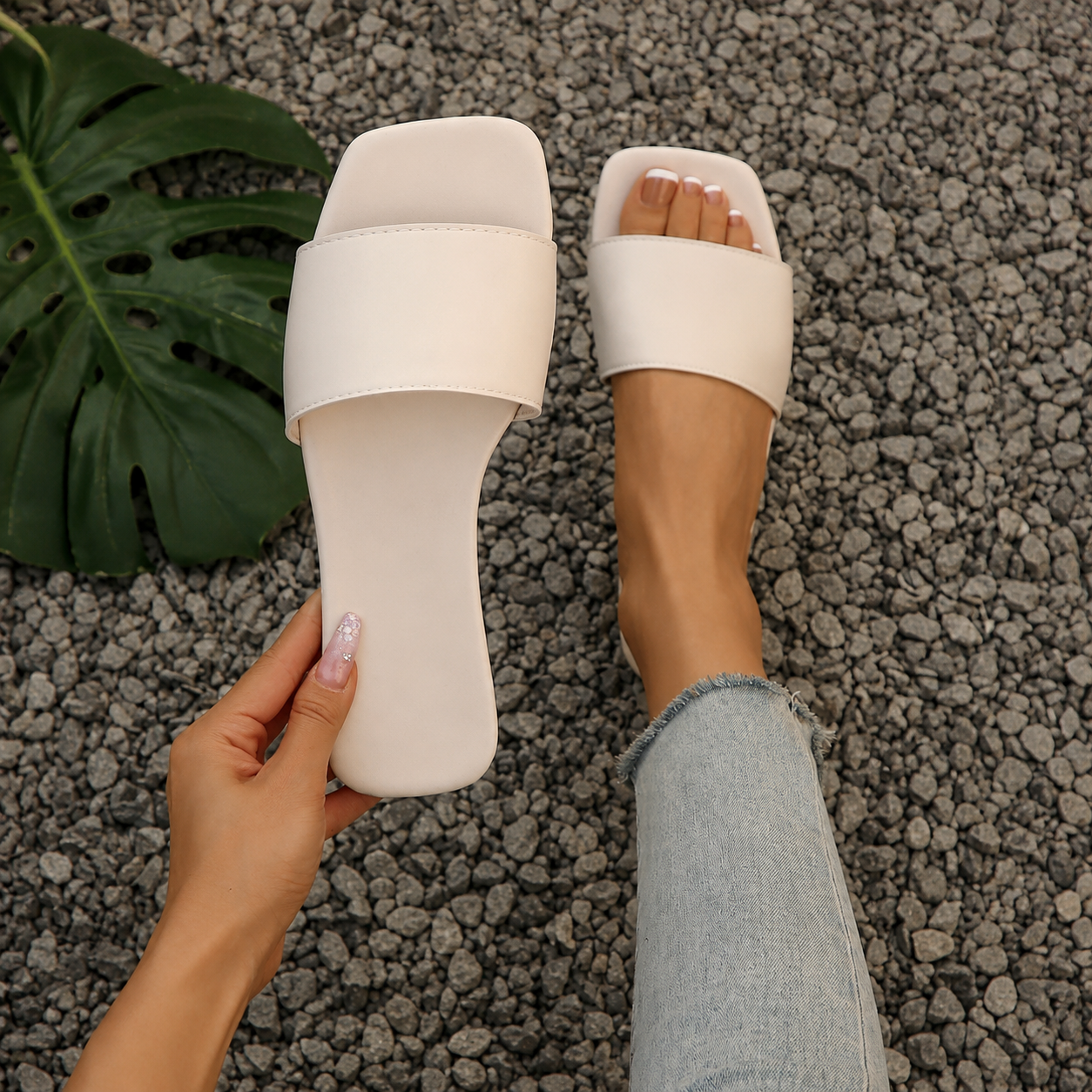 Square Toe Slip On Flat Slide Sandals For Girls
