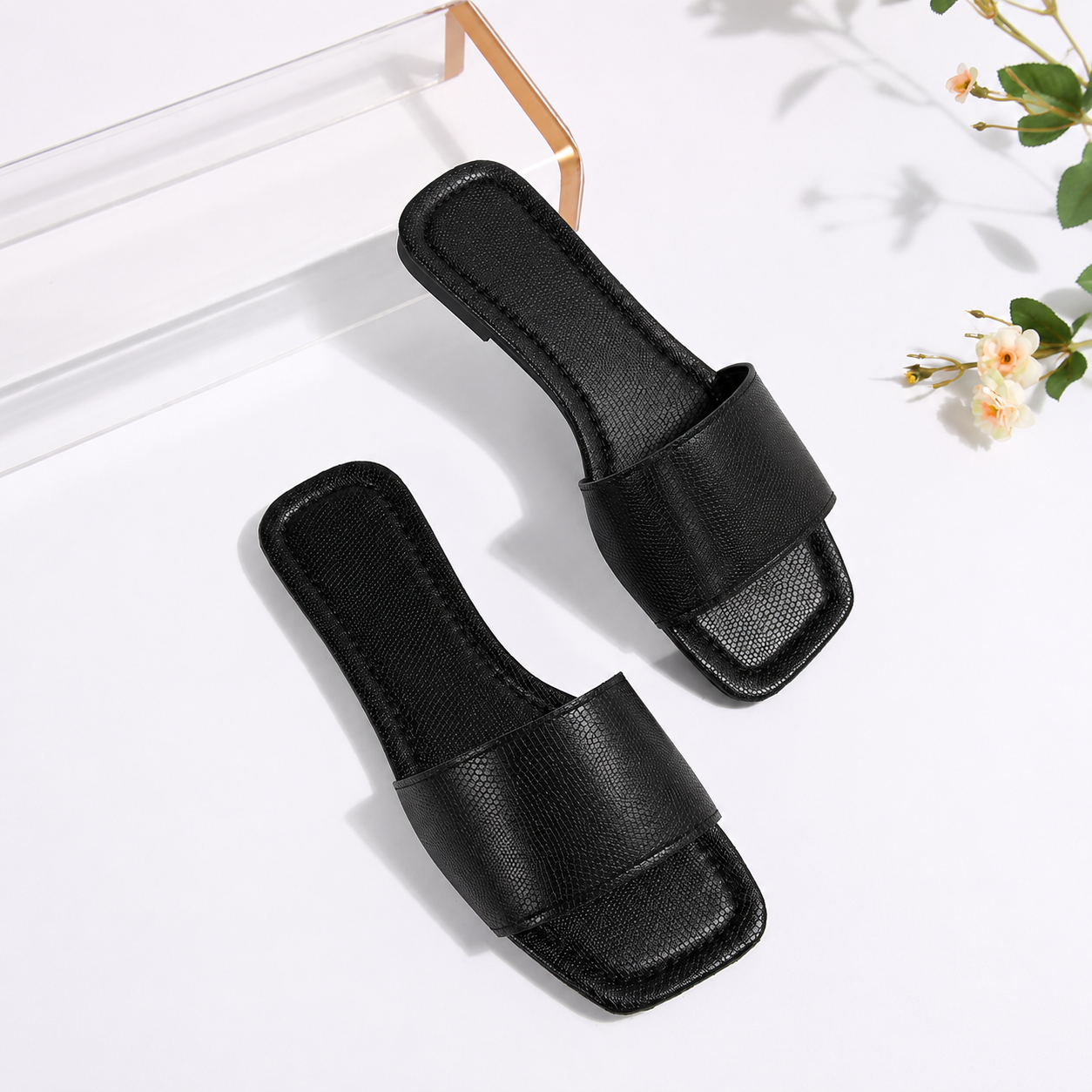 Square Toe Slip On Flat Slide Sandals For Girls