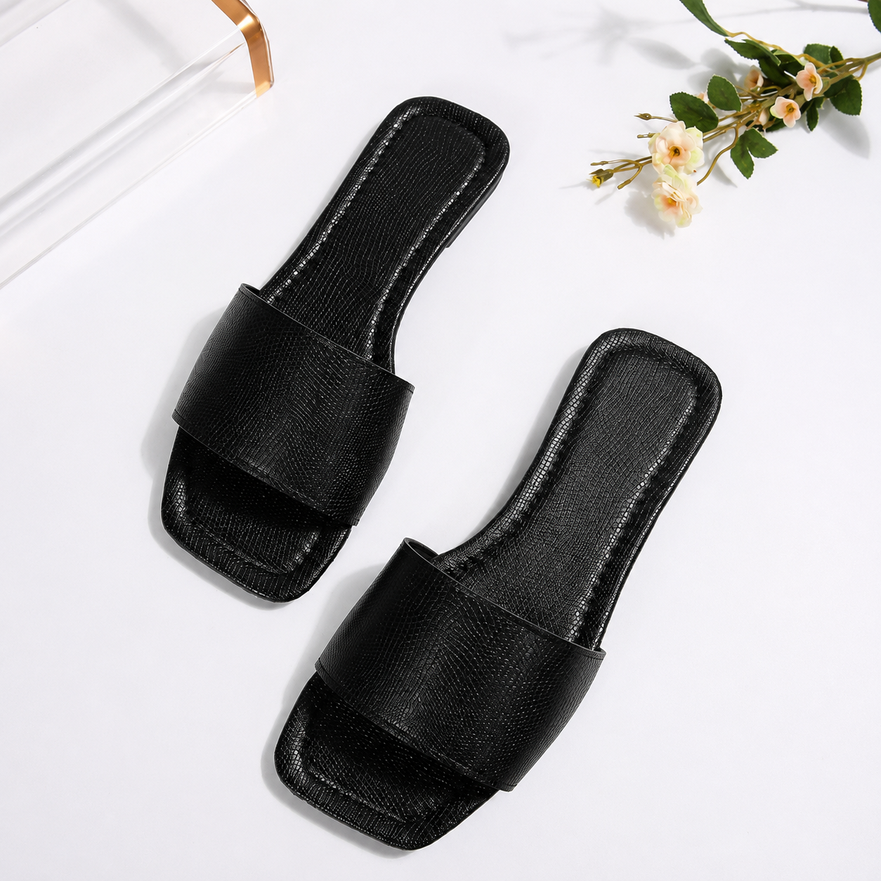 Square Toe Slip On Flat Slide Sandals For Girls