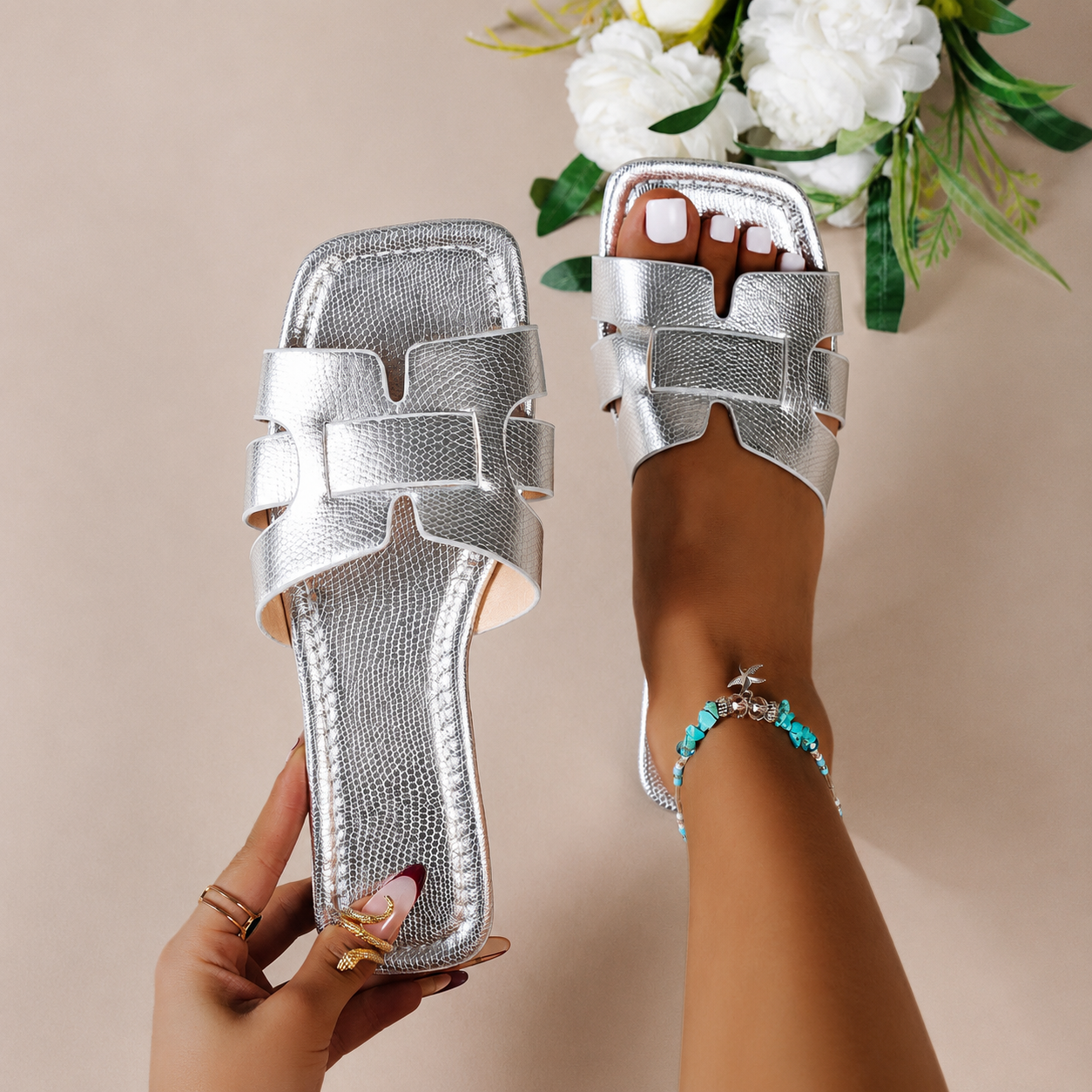 Interwoven Strap Square Front Flat Slide Sandals For Women