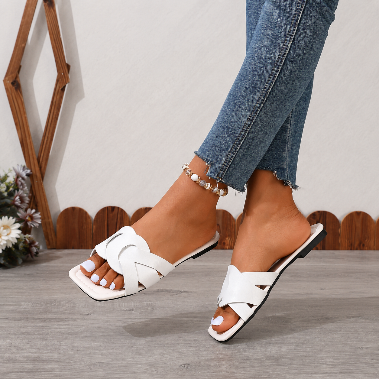 Interwoven Strap Square Front Flat Slide Sandals For Women