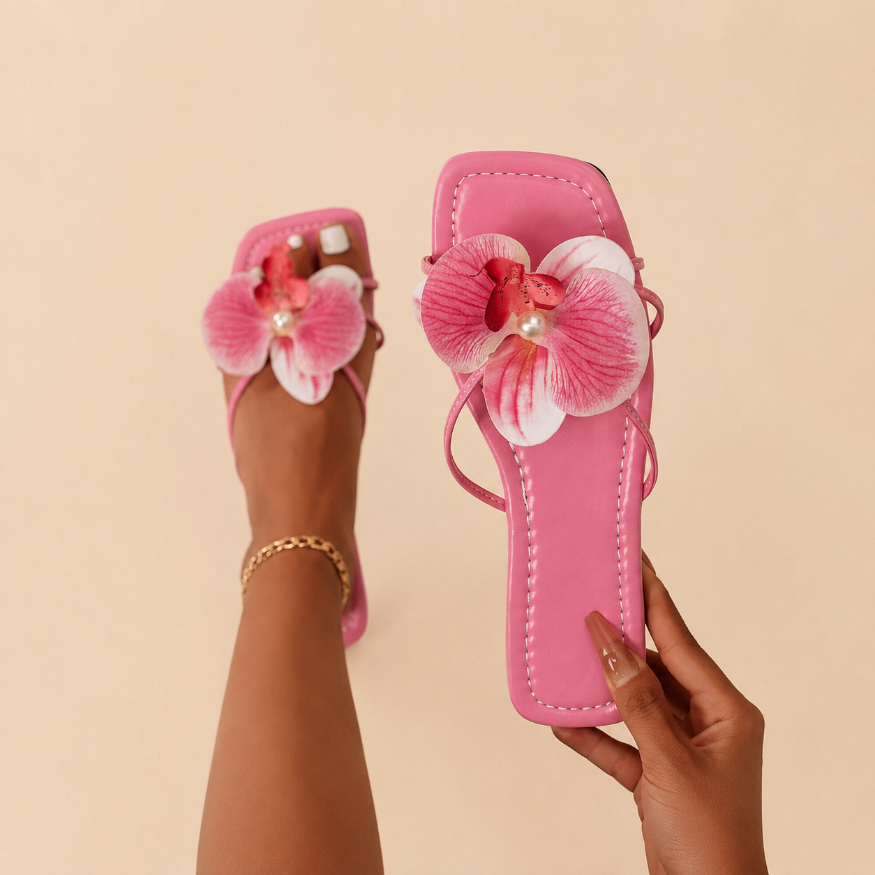 Sparkling Bling Orchid Flower Decor Flat Slide Sandals For Women