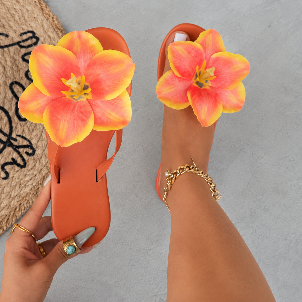 Floral Print Flat Slide Sandals with Lightweight Slip On Design for Women