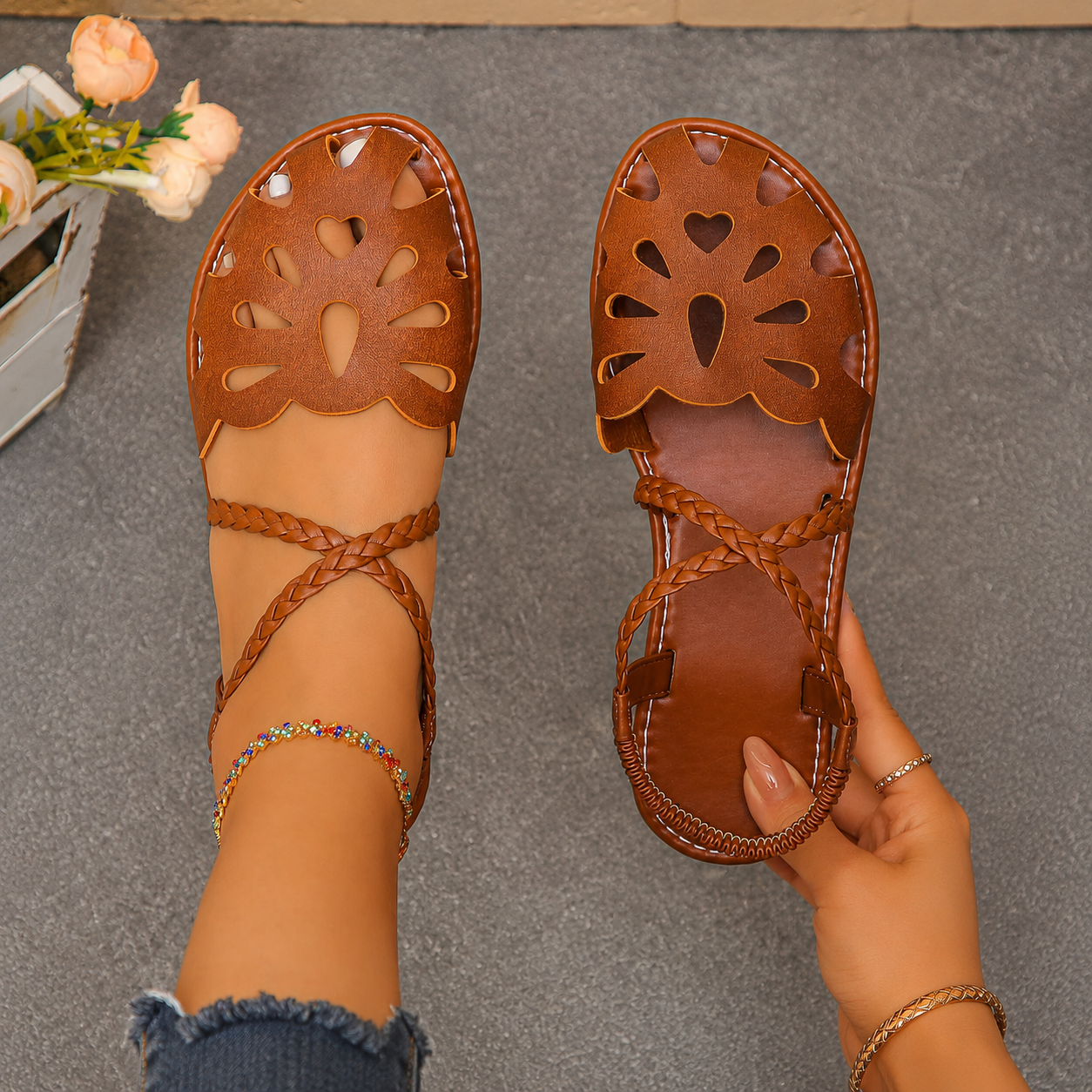 Floral Cutout Braided Strap Casual Flat Sandals