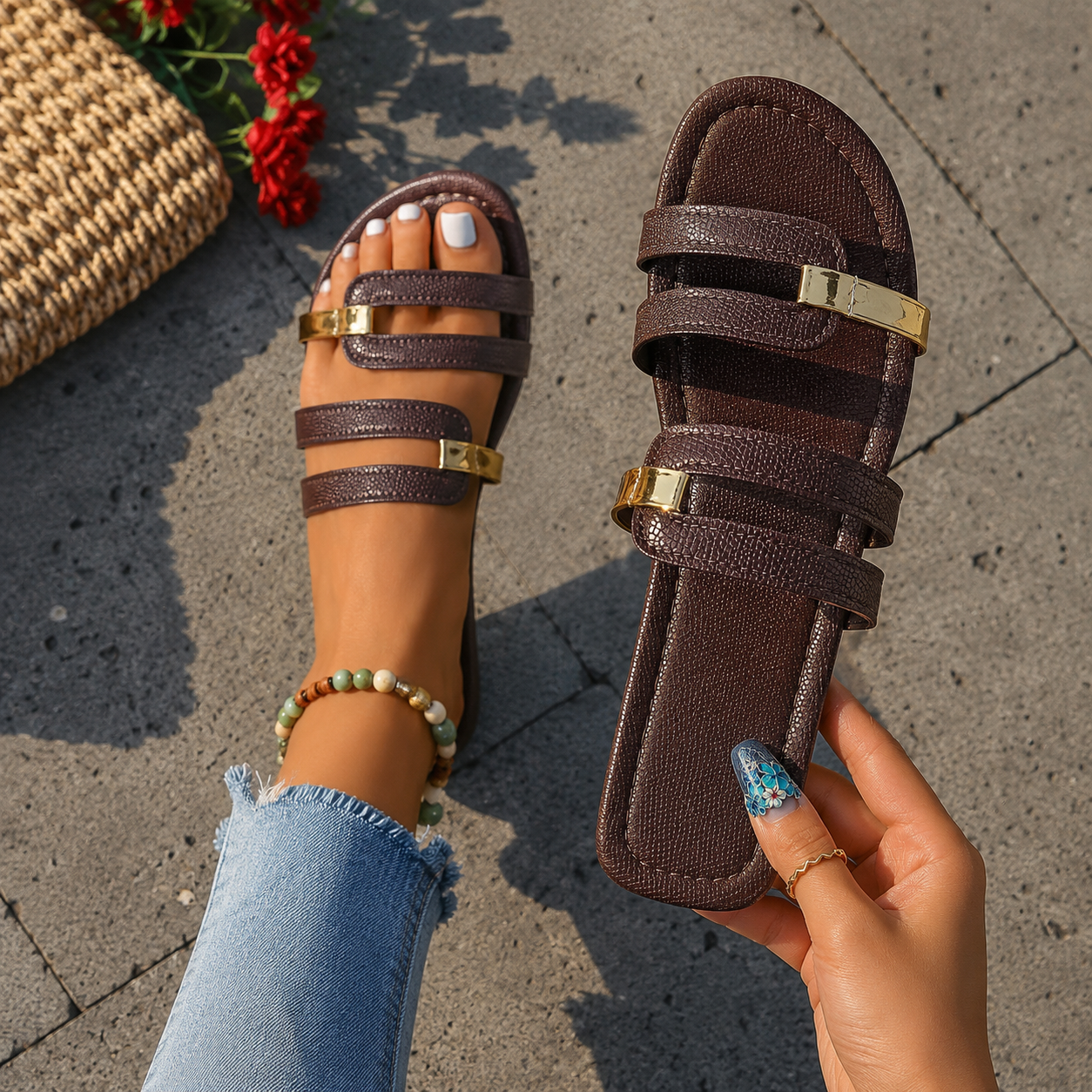 Multi Strap Flat Sandal Travel Slippers For Women