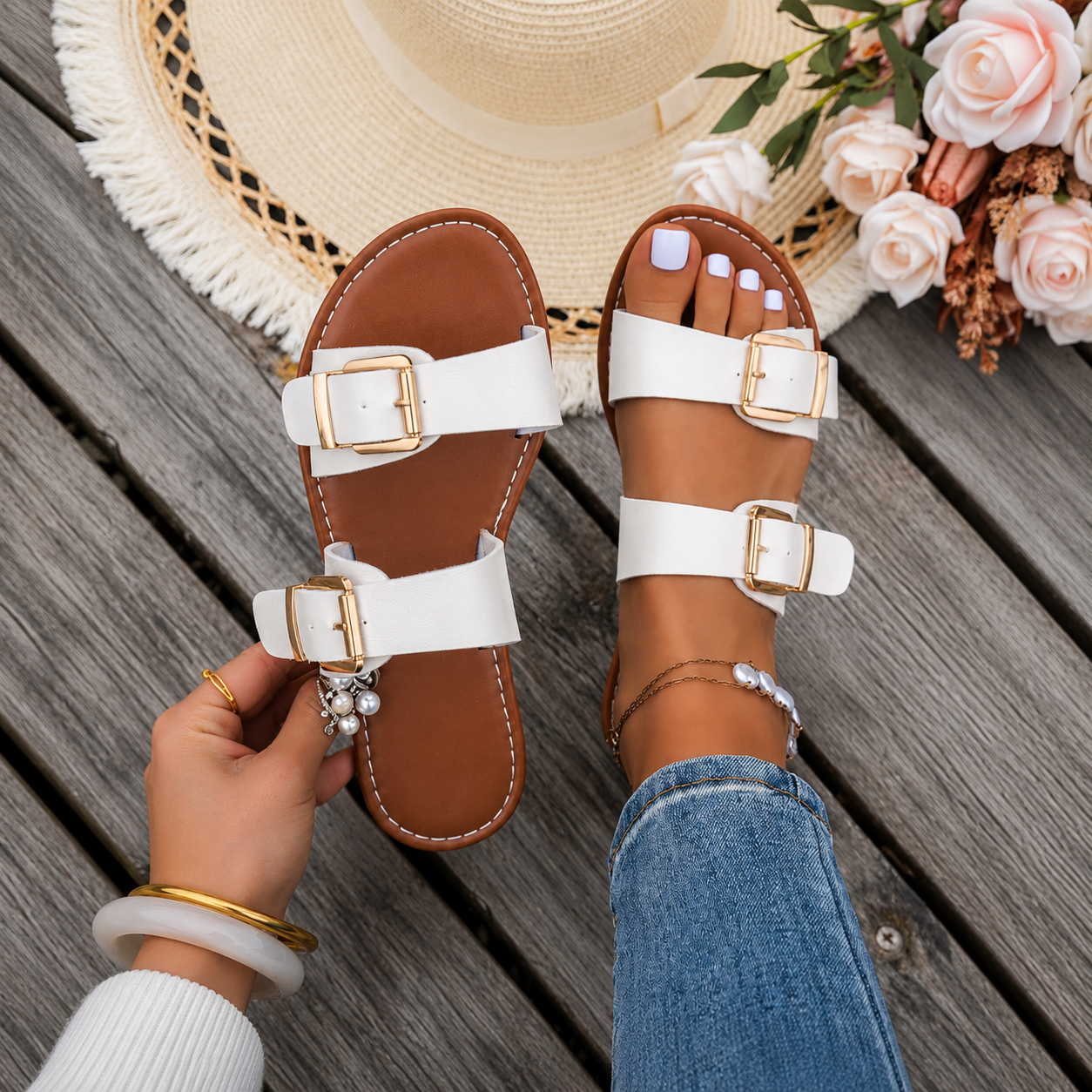 Retro Summer Beach Fashion Buckle Flat Sandals For Women