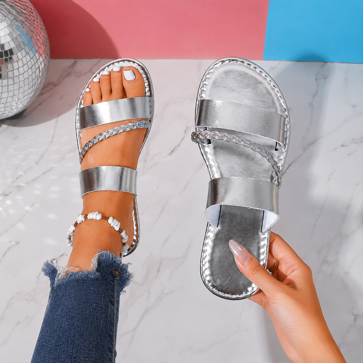 Braided Strap Lightweight Casual Flat Slide Sandals for Women