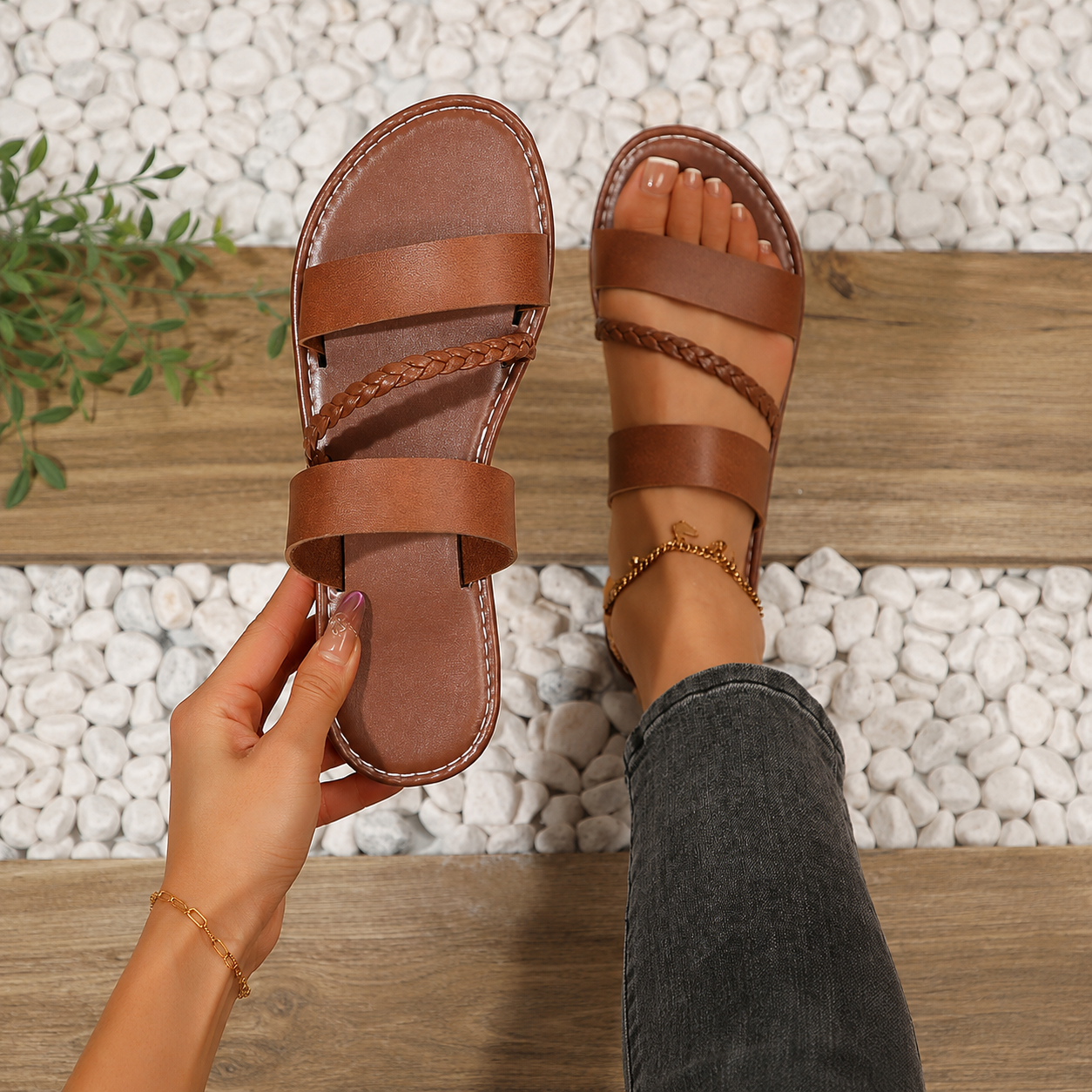 Braided Strap Lightweight Casual Flat Slide Sandals for Women