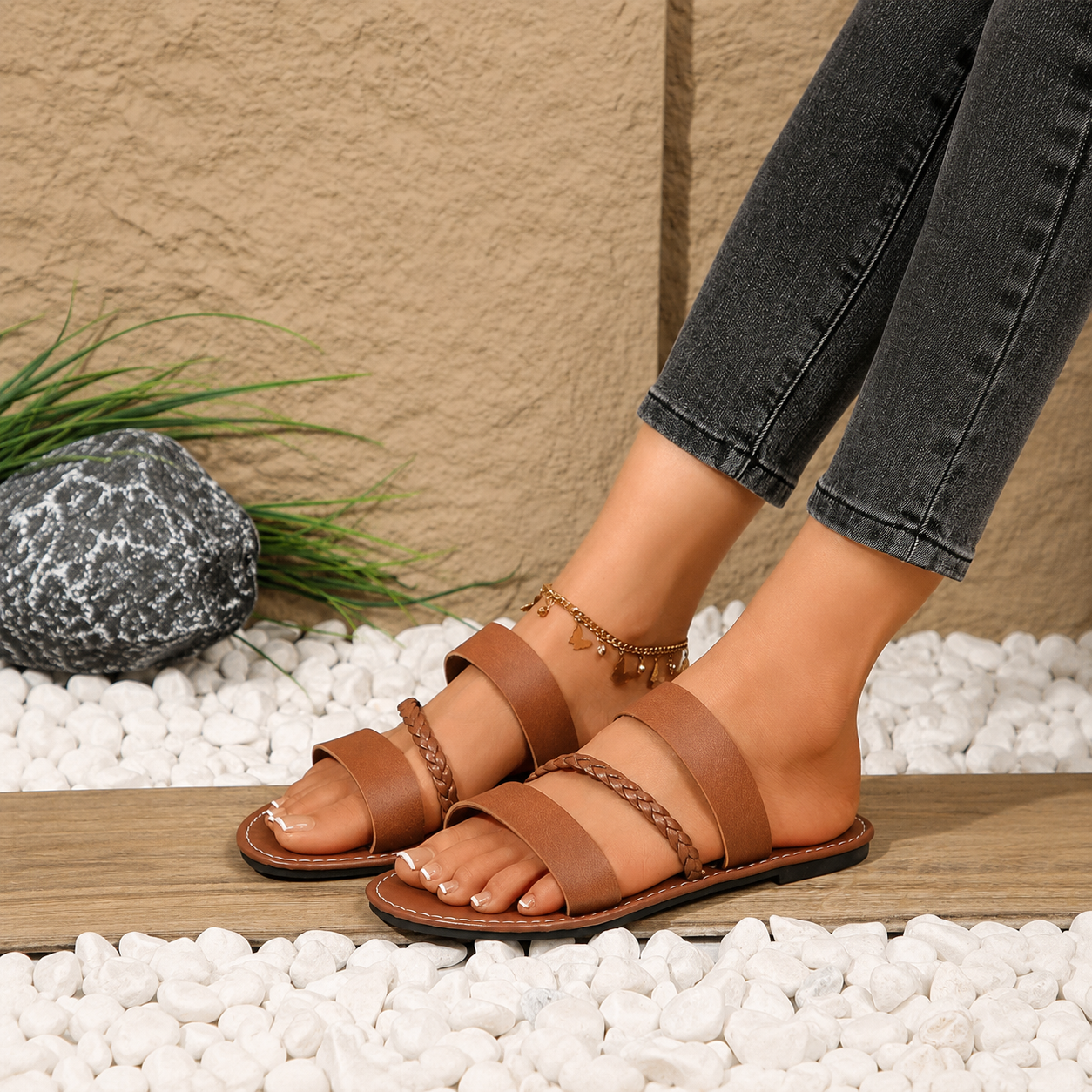 Braided Strap Lightweight Casual Flat Slide Sandals for Women
