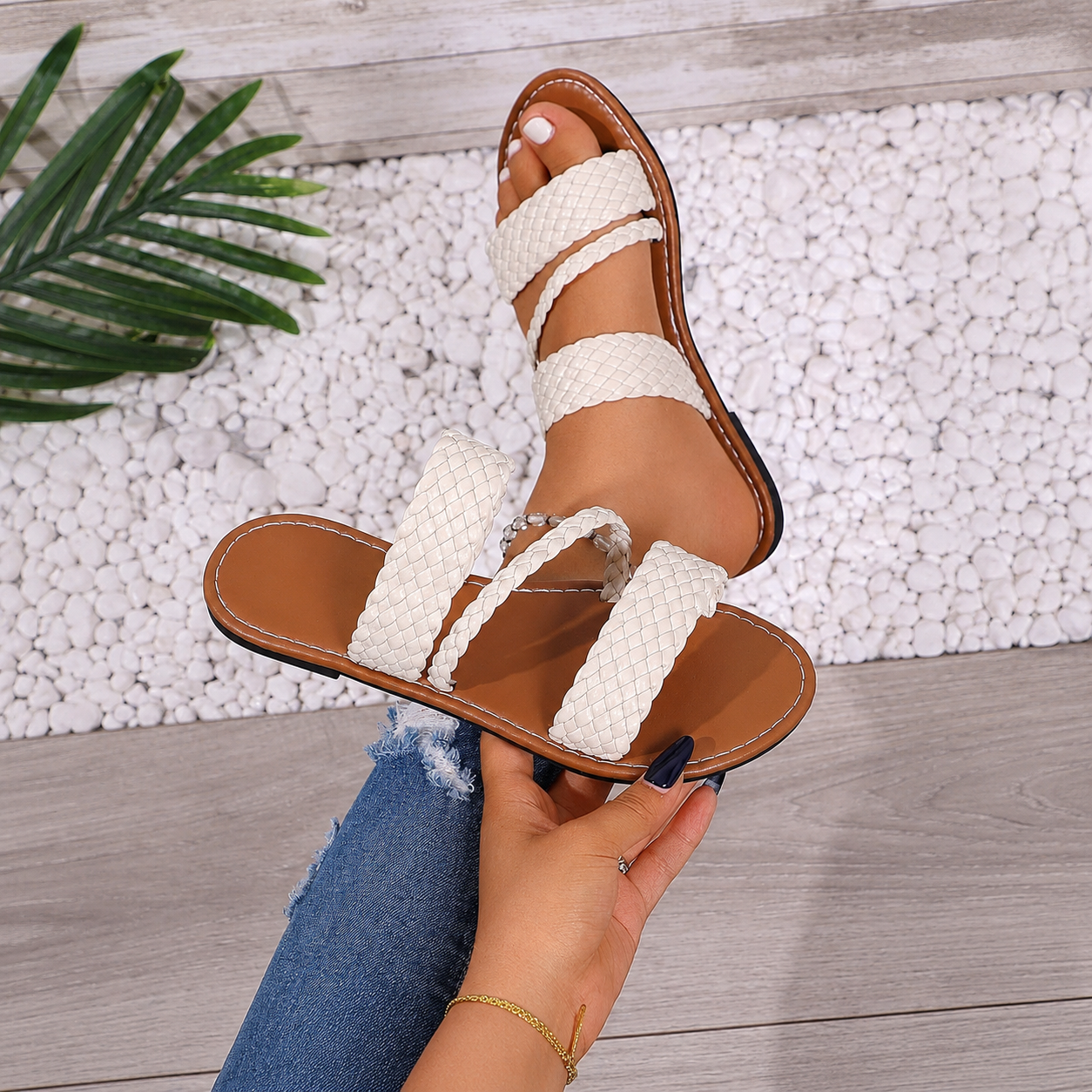Braided Strap Lightweight Casual Flat Slide Sandals for Women
