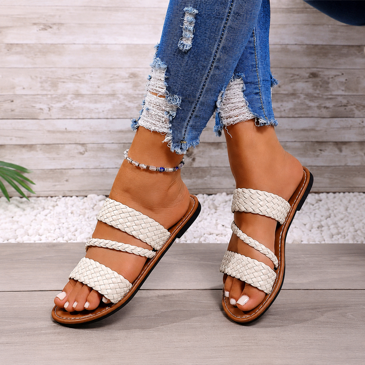 Braided Strap Lightweight Casual Flat Slide Sandals for Women